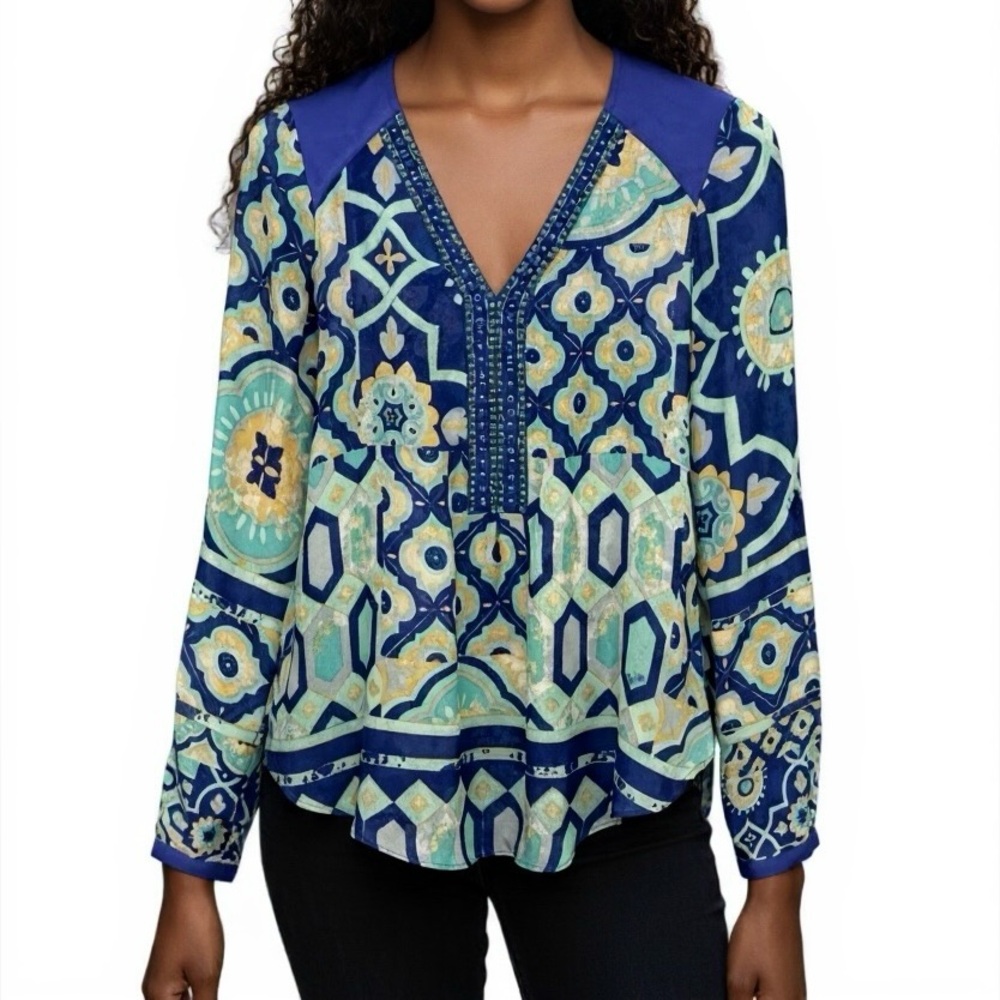 Hale Bob 100% Silk Jewel Embellished Long Sleeve Tunic Shirt